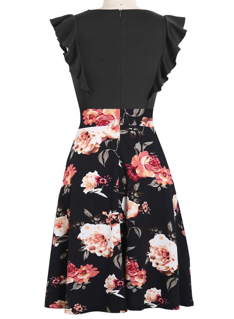YATHON Women's Vintage Ruffle Floral Flared A Line Swing Casual Cocktail Party Dresses (XL, YT001-Red Floral P2) - Image 3
